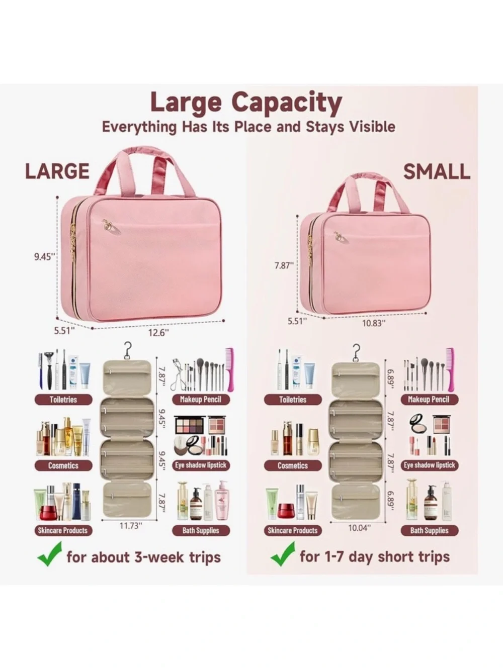Travel Toiletry Bag for women hanging makeup organizer clear pockets